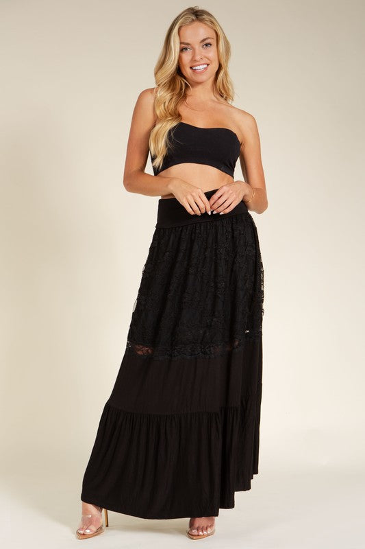 Lace Combo Tier Ruffle Maxi Skirt